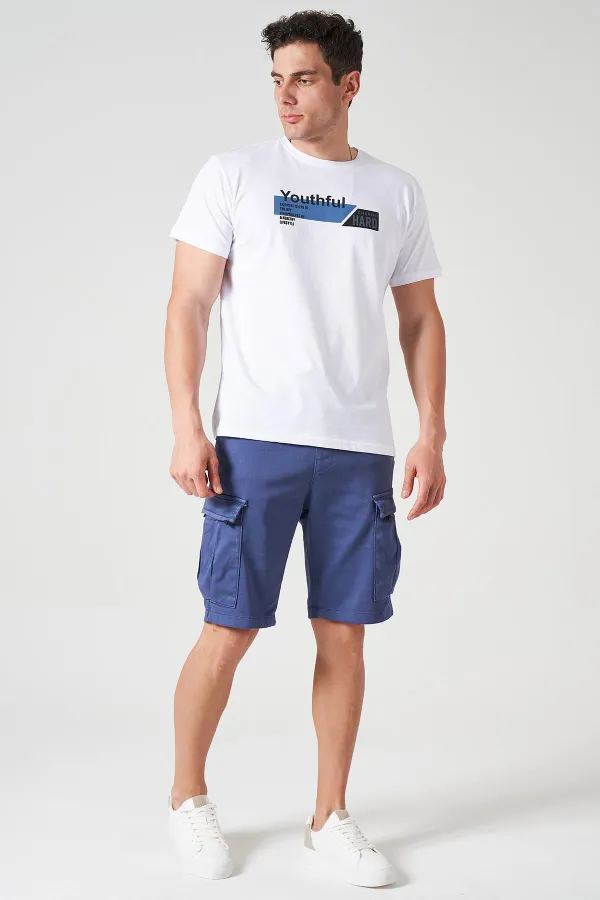 Short cargo pour homme, taille côtelée indigo, en maille teintée en pièce