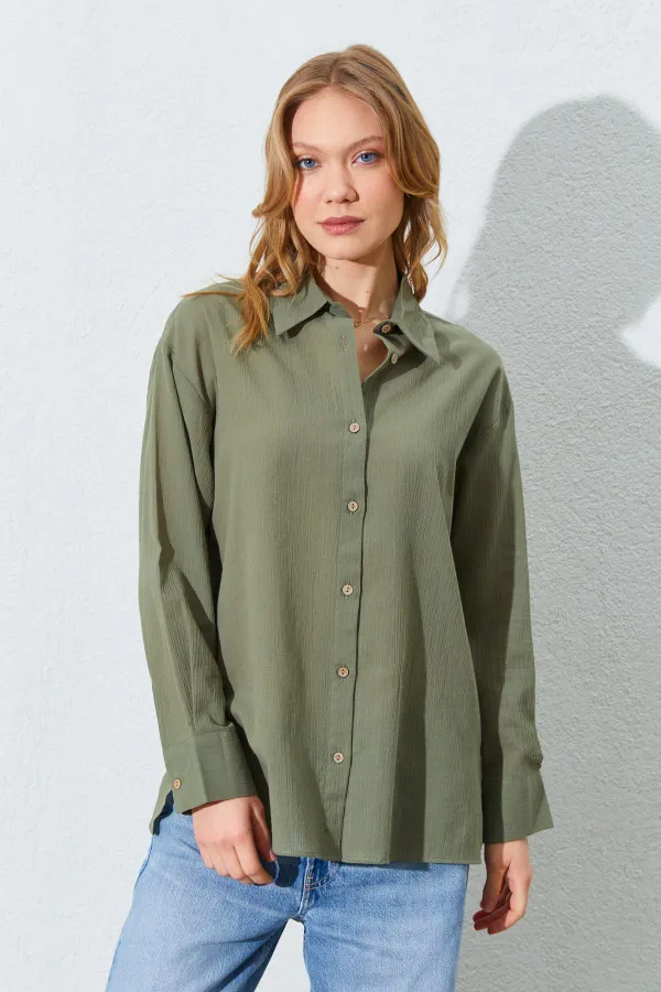 Kadın Haki Krınkıl Oversize Gömlek