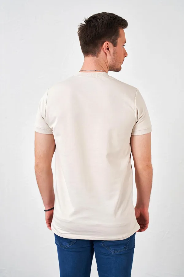 Erkek Bej Kolu Ribanalı İki İp Rahat Kalıp Tişört