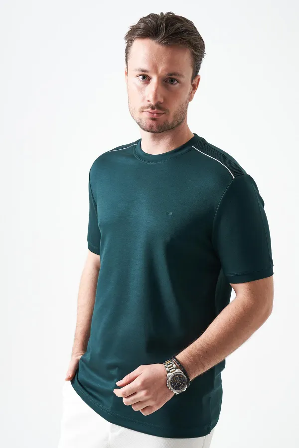 Erkek Nefti-Yeşil Bisiklet Yaka Omuz Kalın Şerit Detaylı Tişört