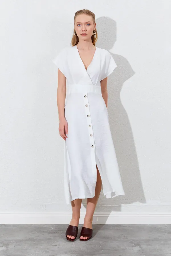 Women's Off-White Wrap-Neck Buttoned Modal Dress