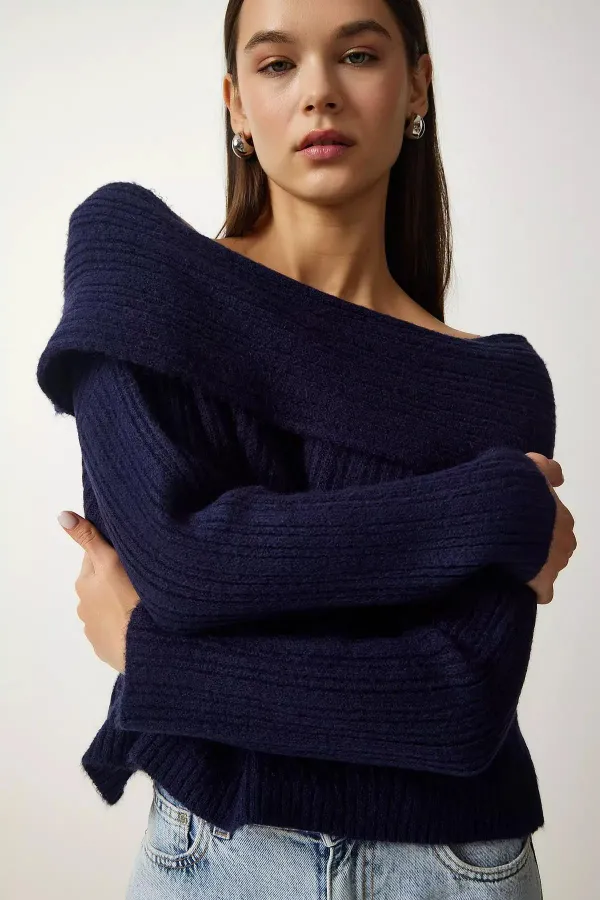 Kadın Lacivert Degaje Yaka Fitilli Triko Kazak