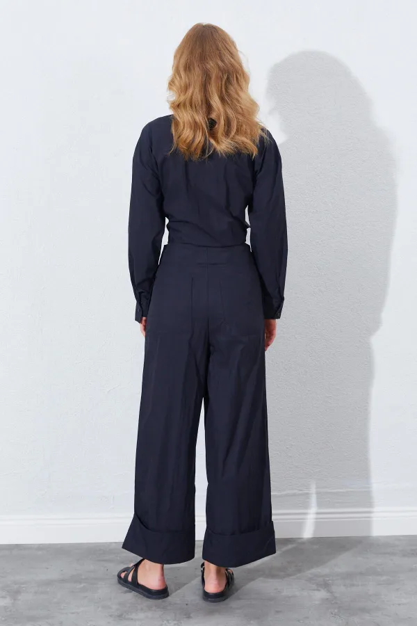 Kadın Siyah Geniş Double Boru Paça Pantolon