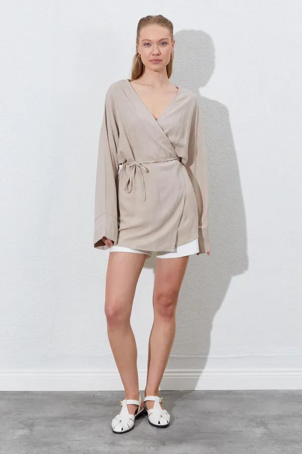 Kadın Koyu Bej Kruvaze Yaka İp Bağlamalı Ceket