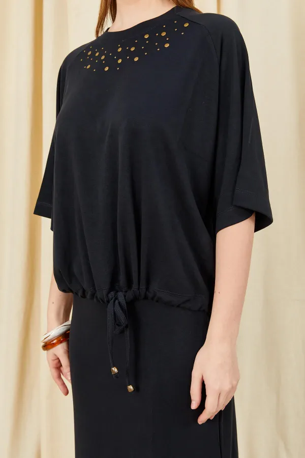 Kadın Siyah 164 Reglan Kollu Etek Ucu Bağlama Bluzlu Etekli Modal Takım