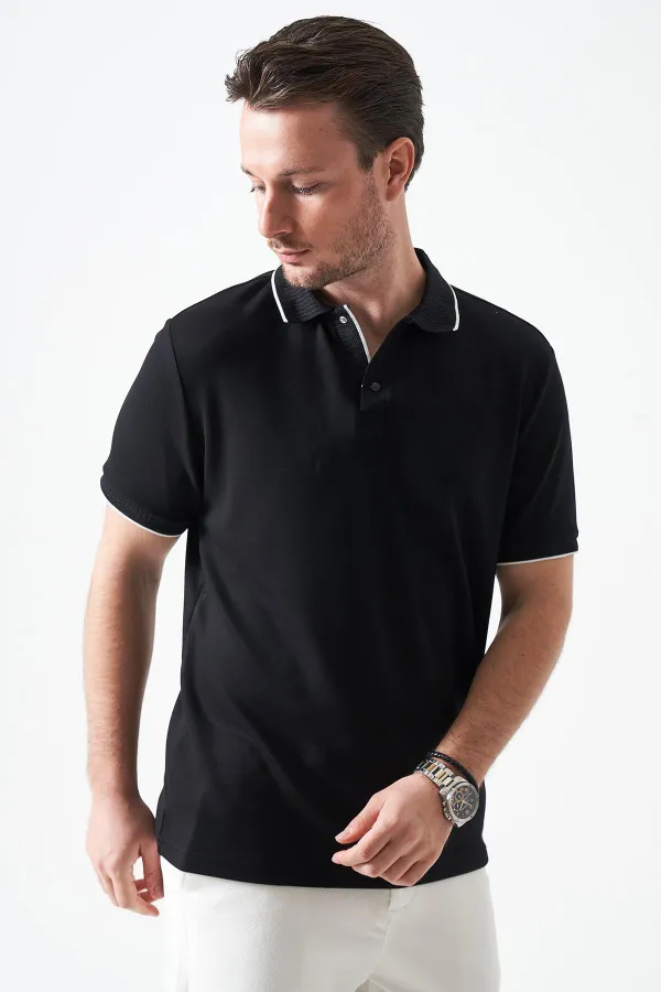 T-shirt homme noir à col boutonné en piqué modal