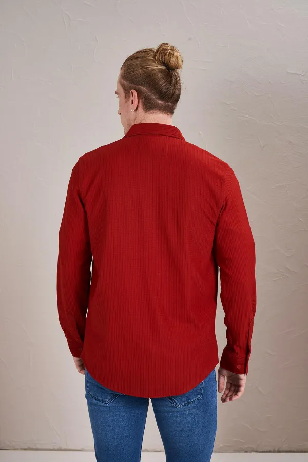 Chemise rouge à manches longues pour homme, coupe slim, sans poches, de style ottoman