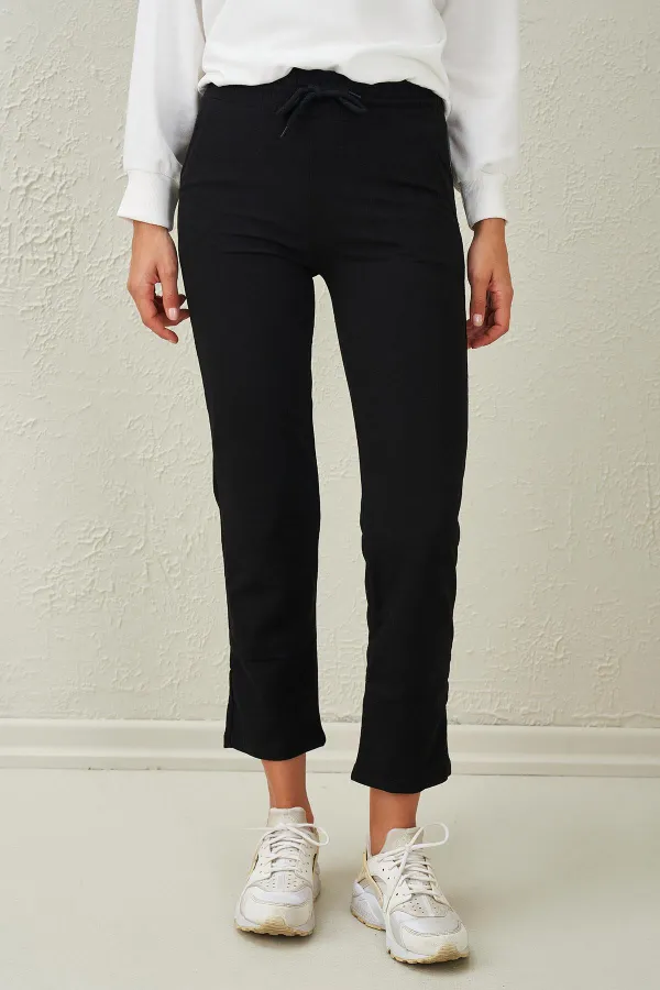 Pantalon de survêtement basique noir pour femme, taille élastique, ourlet droit, deux fils