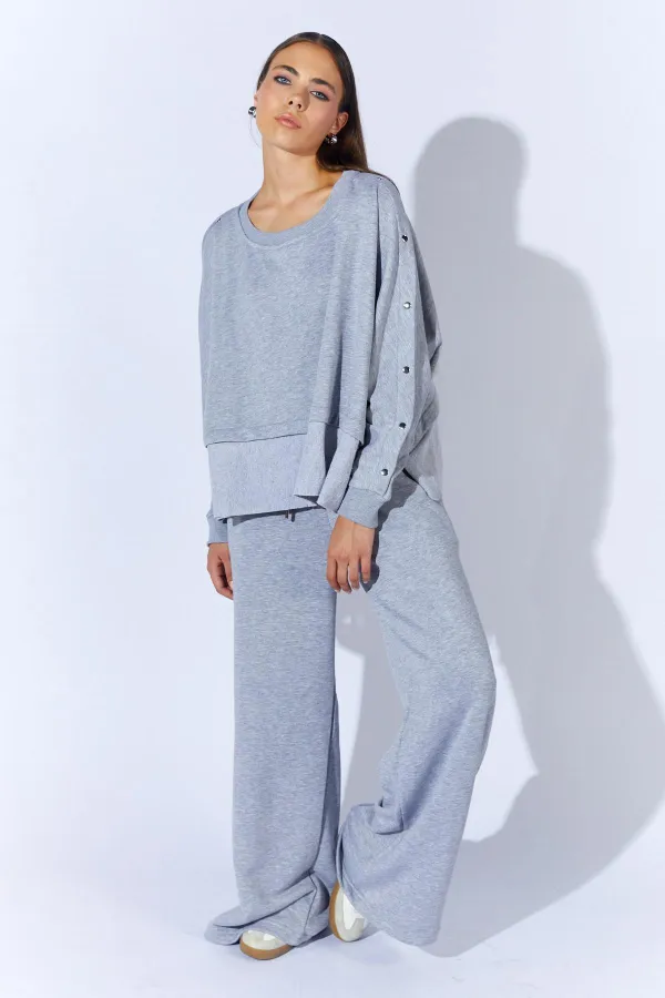 Women's Grey Melange Crew Neck Sweatshirt with Snap Button Sleeves and Dropped Shoulders
