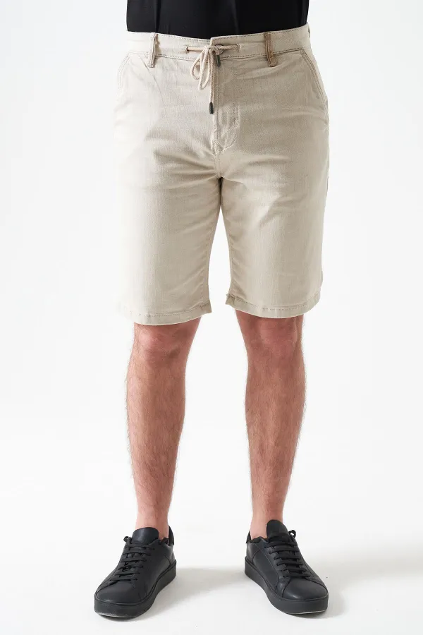 Men's Beige Five-Pocket Capri Pants with Drawstring and Back Snap Closure