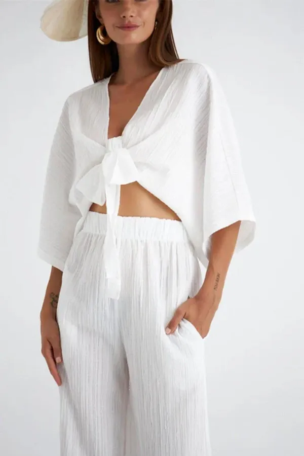 Kadın Ekru Yarasa Kol Ön Bağlamalı Gömlek