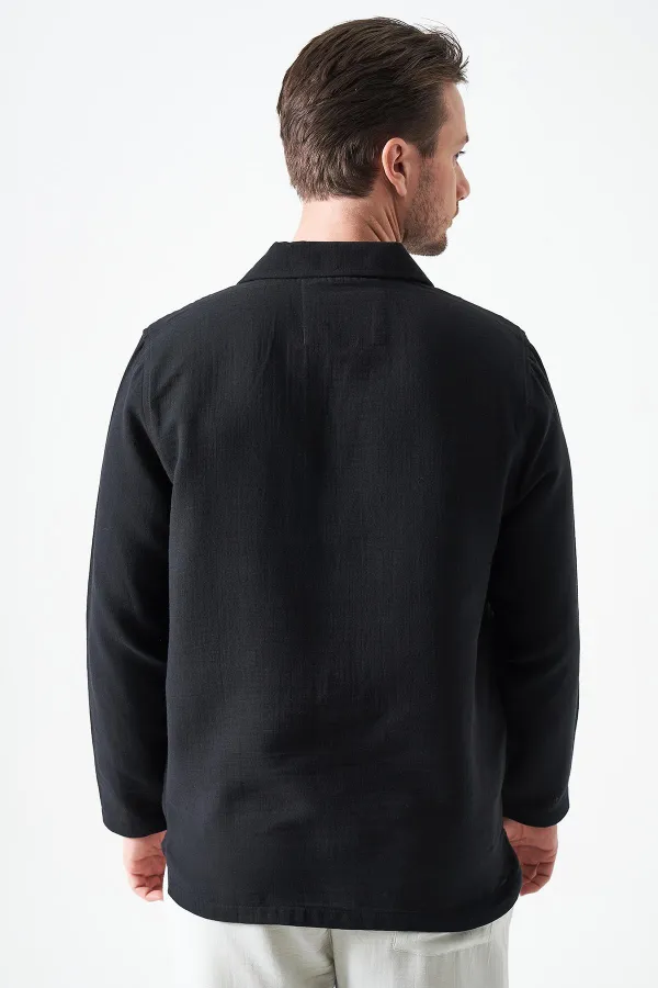 Erkek Siyah Uzun Kol V Ayaklı Yaka Regular Müslin Gömlek