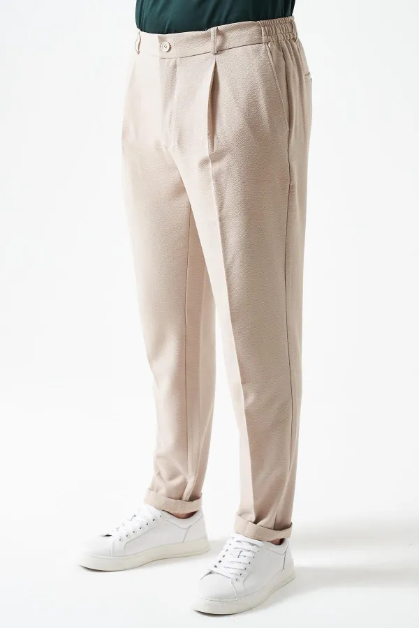 Erkek V008-Bej Yandan Lastikli Keten Efektli Tristan Dokuma Tek Pileli Duble Paça Pantolon