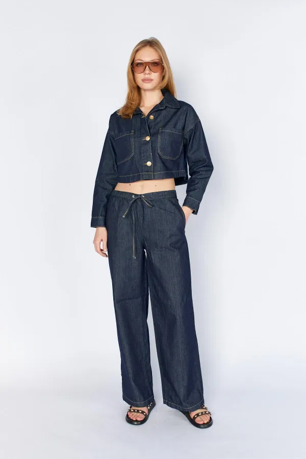 Women's Rins Wash Double Pocket Belted Loose Fit Jean Jacket and Pants Set