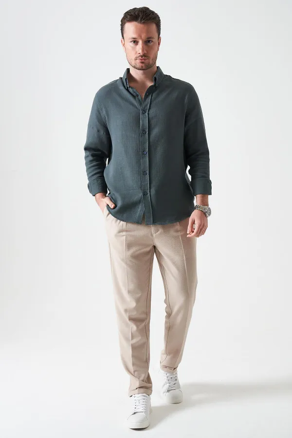 Erkek Çam Yeşili Uzun Kol Regular Basic Müslin Gömlek