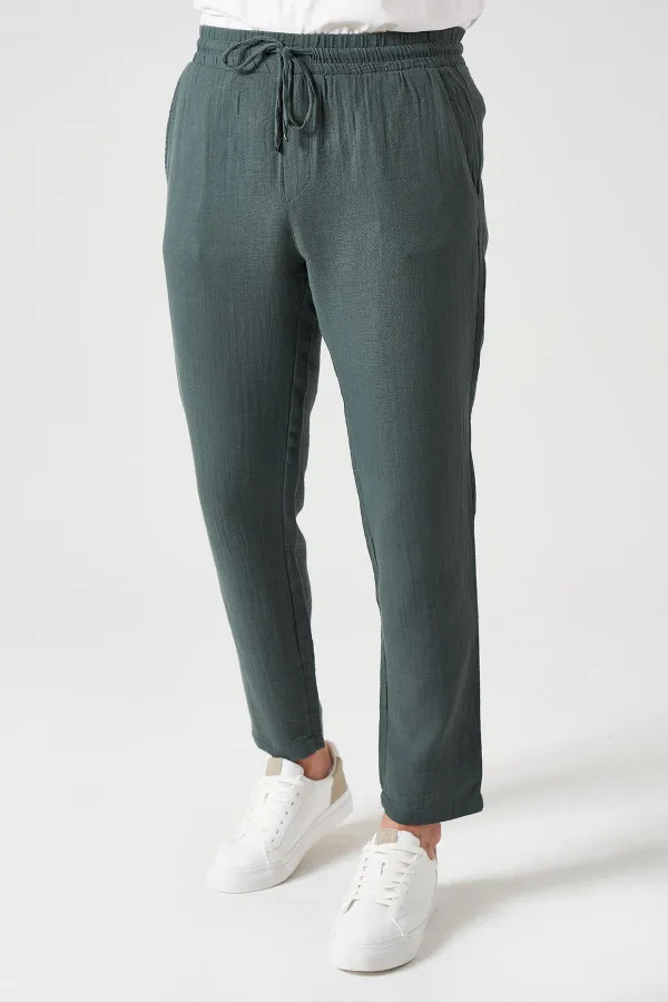 Erkek Çam Yeşili Bel Bağlamalı Müslin Pantolon