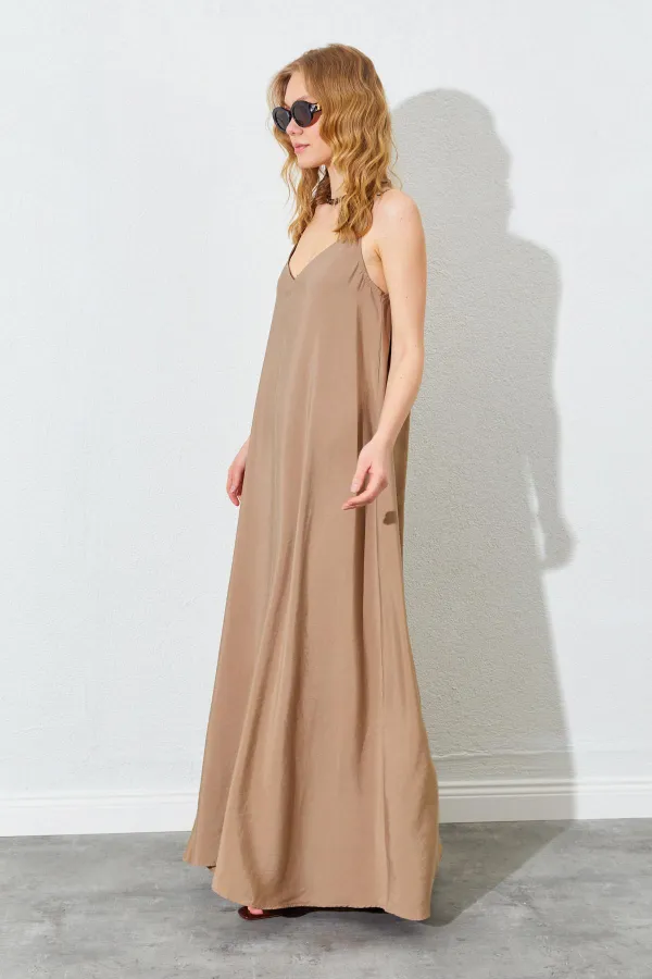 Kadın Vizon V Yaka Salaş Modal Kumaş Elbise