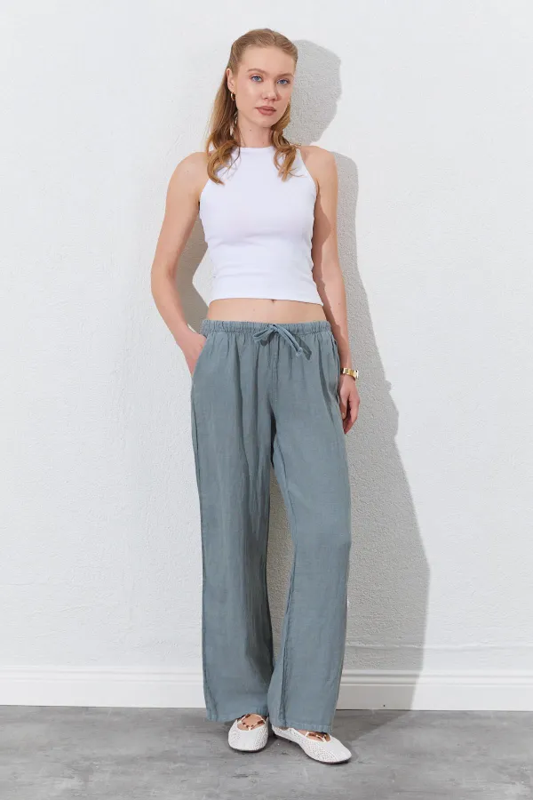 Women's Khaki Linen Wide-Leg Trousers with Drawstring Waist and Side Pockets