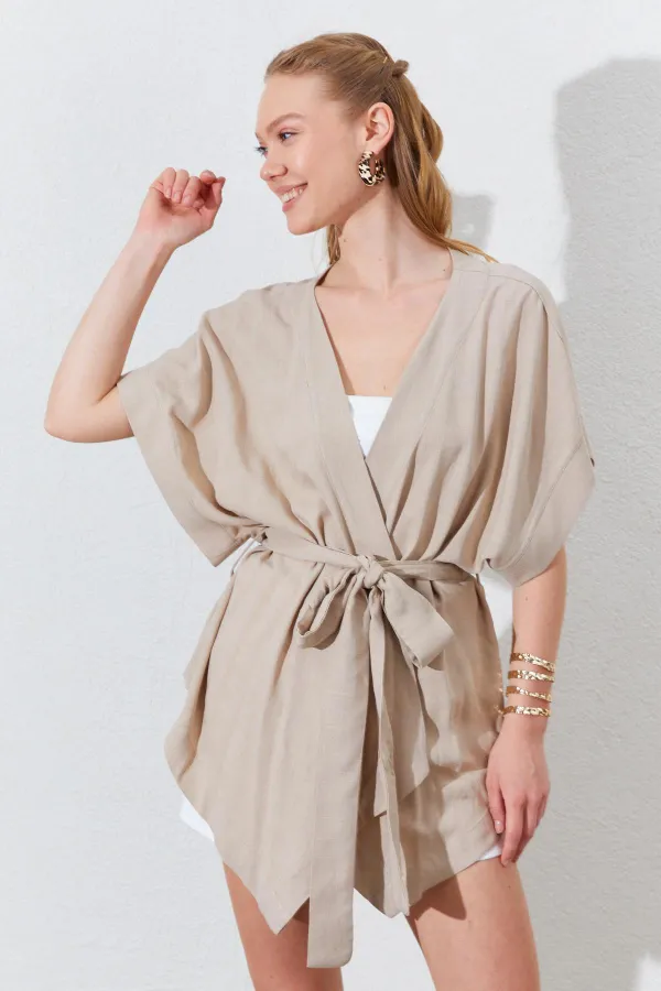 Kadın Koyu Bej Düşük Kol Kuşaklı Kimono