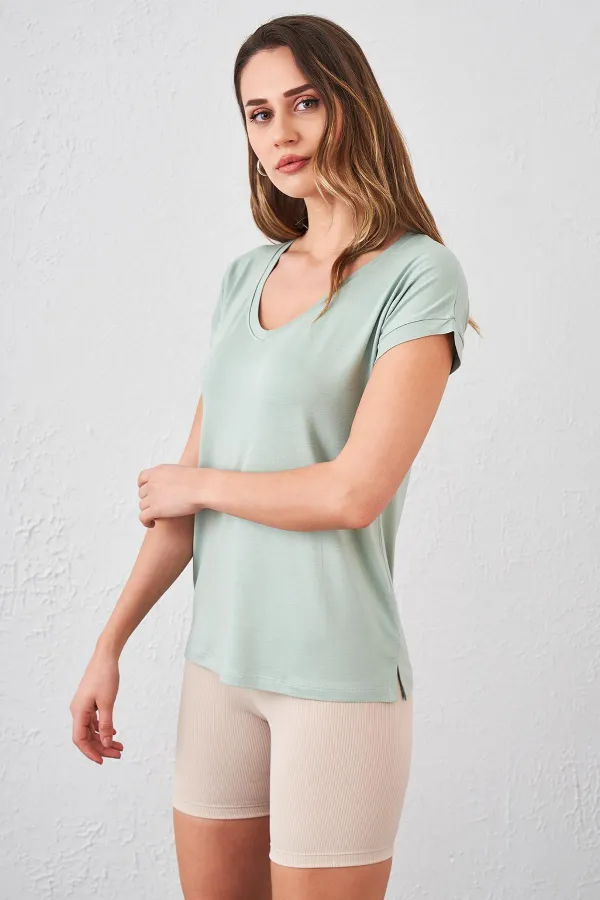 Women's Light Green V-Neck Loose Fit T-Shirt