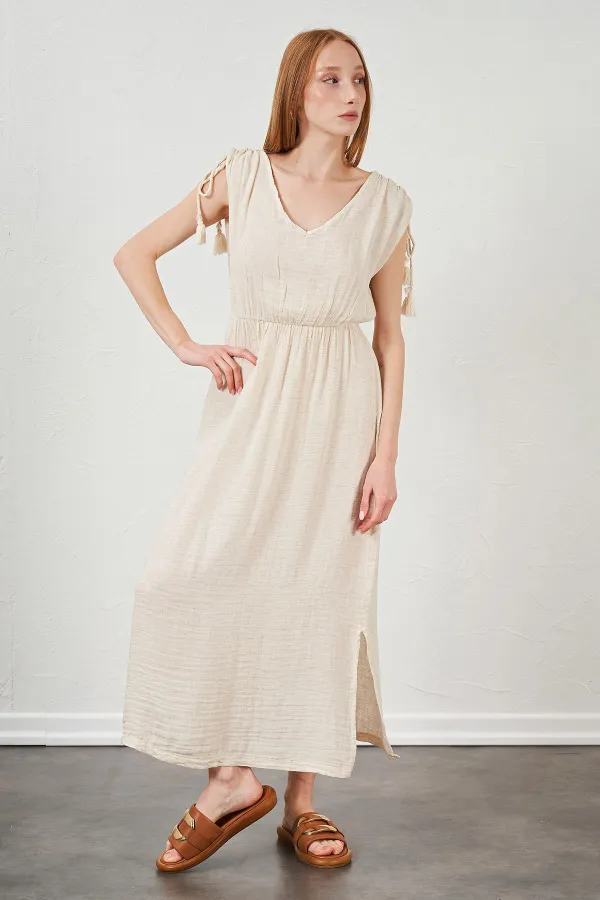 Kadın Taş V Yaka Omuzları Bağlamalı Müslin Kumaş Elbise