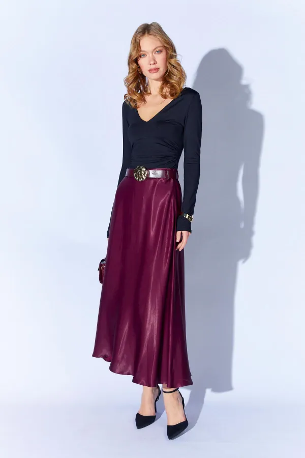 Jupe longue en satin ceinturée prune 3499 pour femme