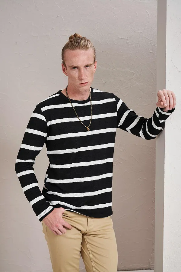 Erkek Siyah Bisiklet Yaka Yatay Çizgili Waffle Sweatshirt