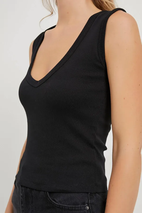 Kadın Siyah V Yaka Kolsuz Licralı Ribana Body