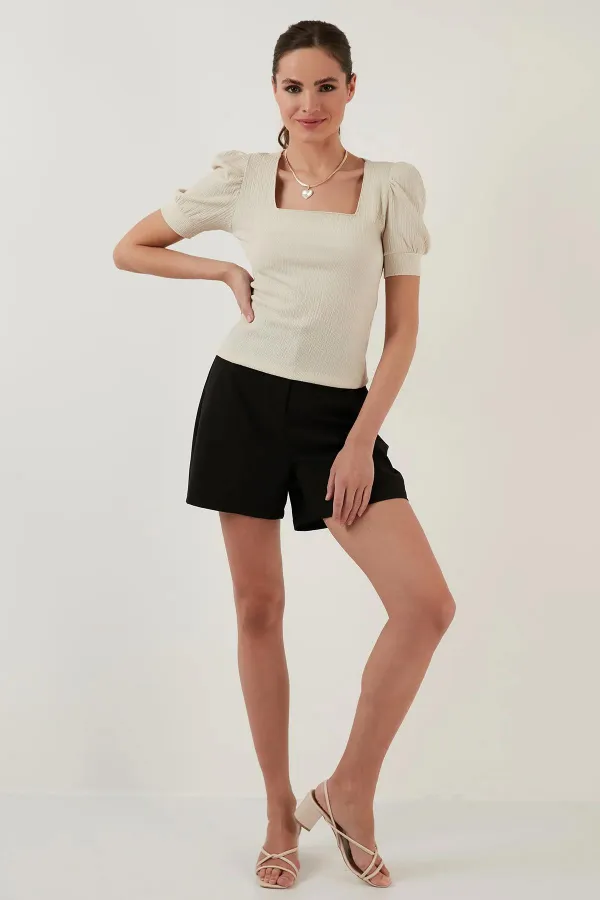 Kadın Taş Balon Kol Kare Bürümcük Kumaş Bluz