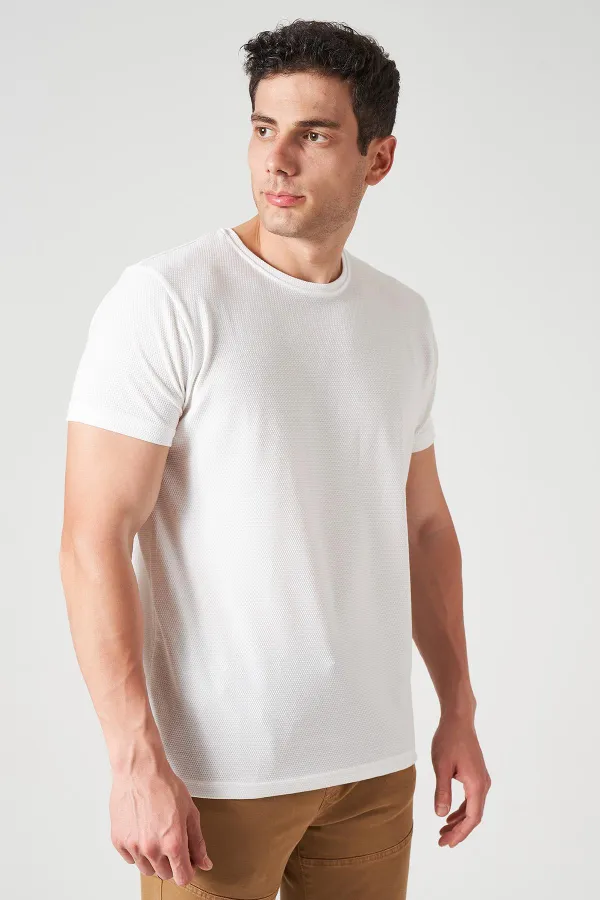 Erkek Beyaz Bisiklet Yaka Petek Basic Tişört