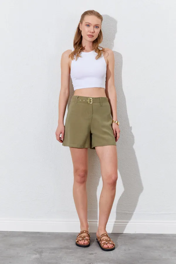 Kadın Haki Beli Kendinden Kemerli Gabardin Şort