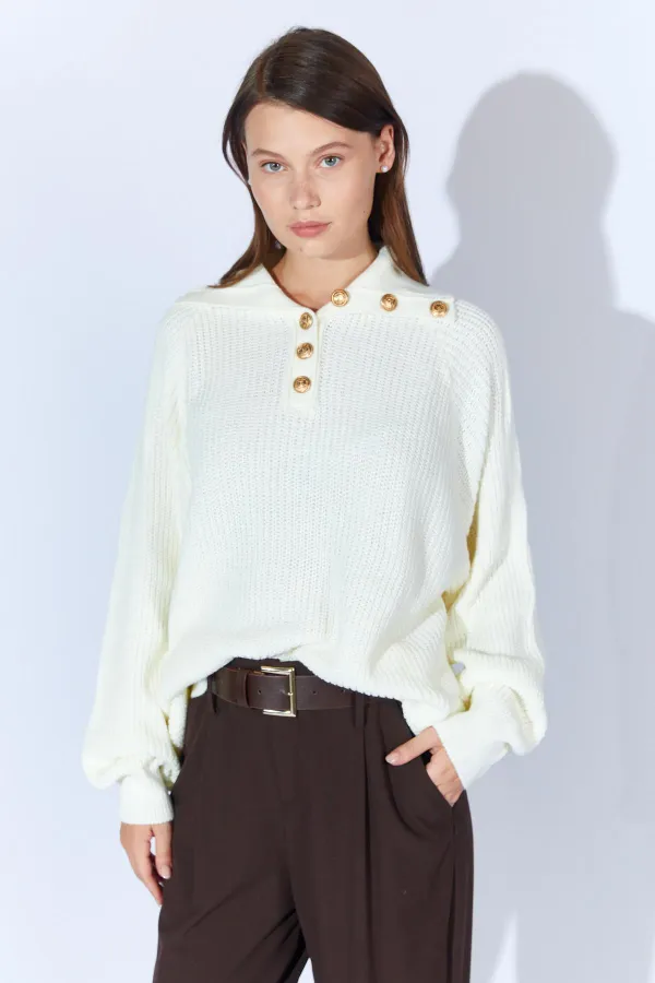 Kadın Kemik Şal Yaka Düğmeli Triko Kazak