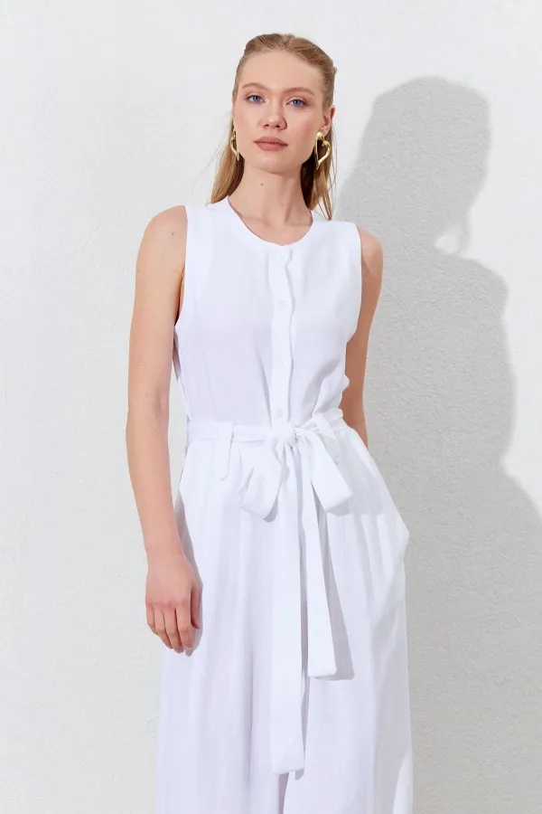 Kadın Beyaz Kolsuz Kuşak Bağlamalı Double Paça Tulum