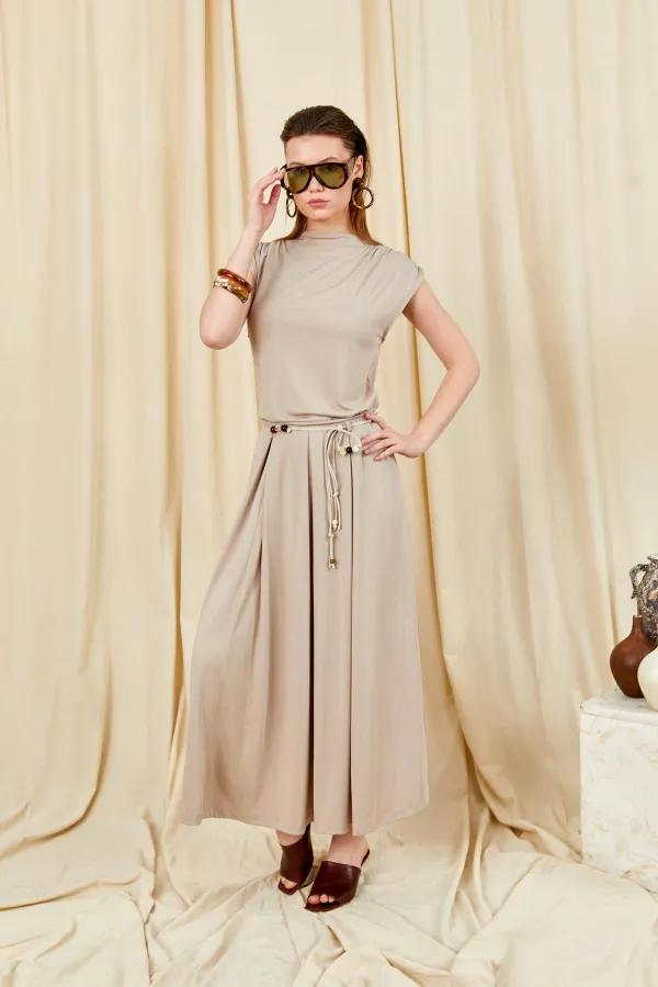 Kadın Vizon 117 Omuz Drapeli Pileli Uzun Etekli Takım