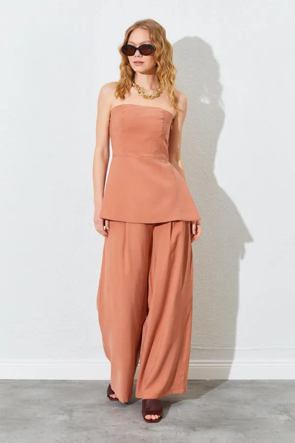 Kadın Kiremit Straplez Bluzlu Palazzo Pantolonlu Takım