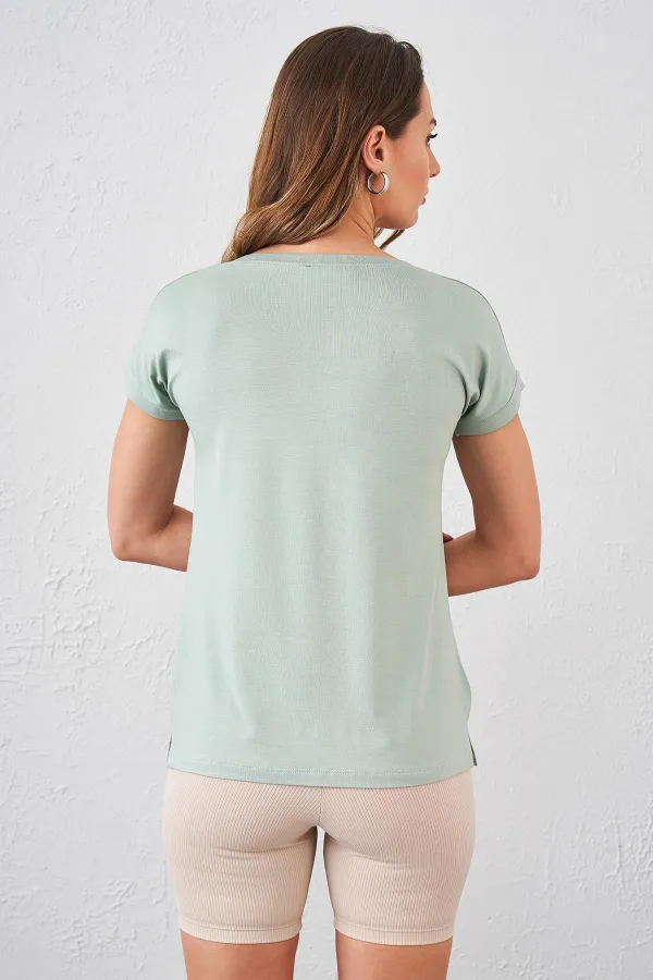 Women's Light Green V-Neck Loose Fit T-Shirt