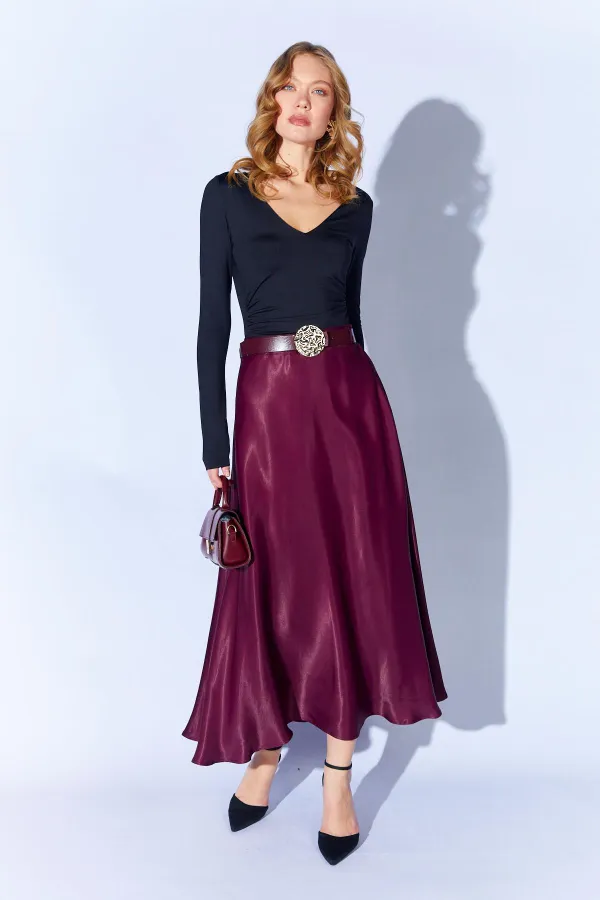 Jupe longue en satin ceinturée prune 3499 pour femme