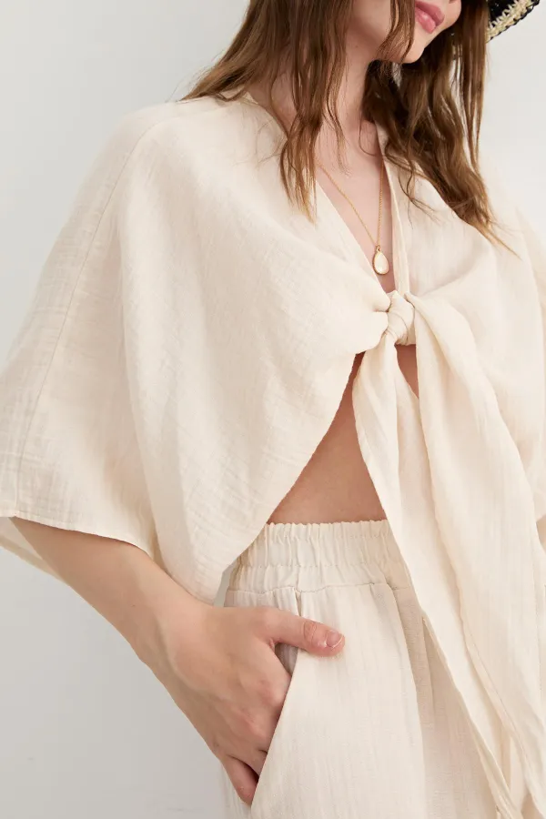 Kadın Taş Yarasa Kol Ön Bağlamalı Gömlek