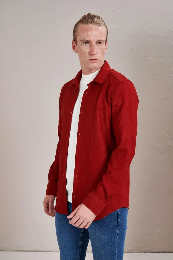 Chemise rouge à manches longues pour homme, coupe slim, sans poches, de style ottoman