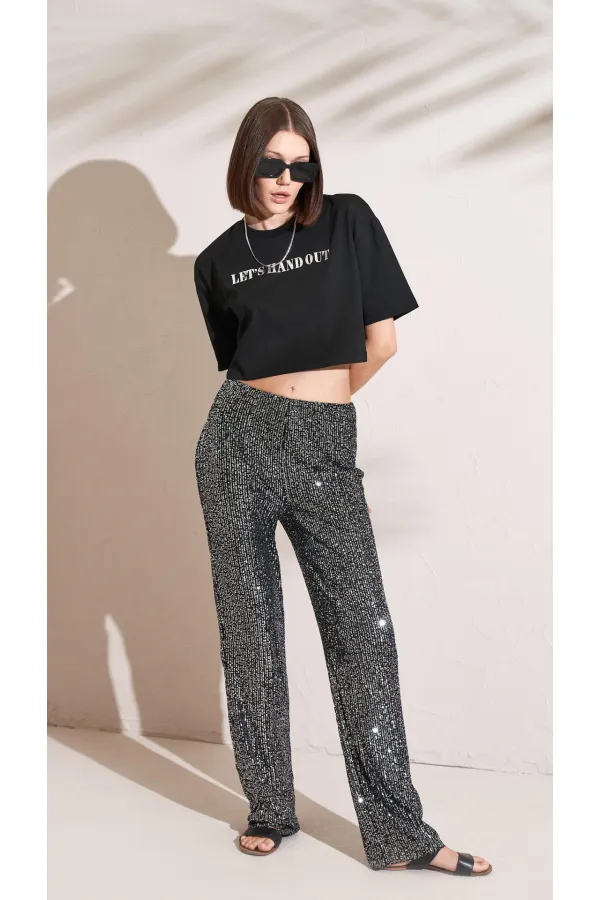 T-shirt court oversize noir à col rond pour femme, imprimé métallisé Supreme