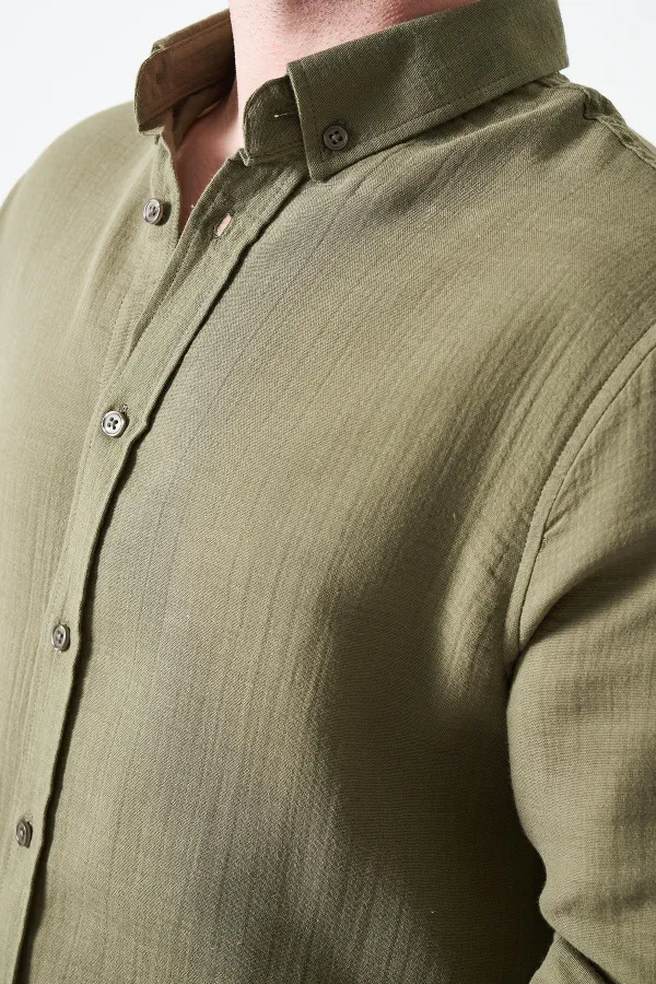 Erkek Haki Uzun Kol Regular Basic Müslin Gömlek