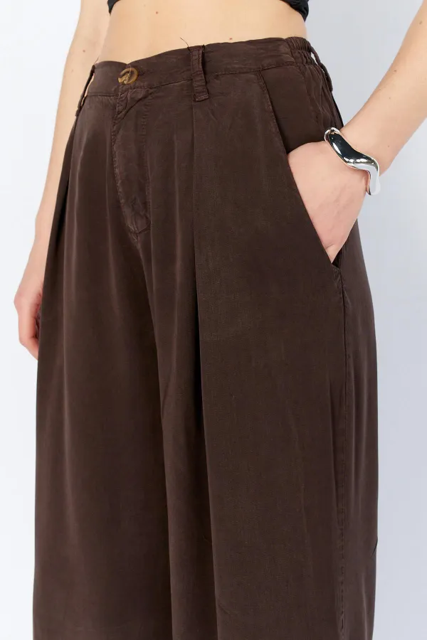 Women's Coffee YP5115 Double Pleated Wide Leg Tencel Trousers