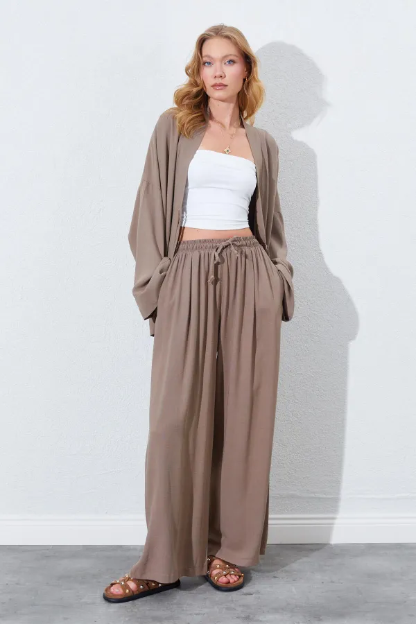 Kadın Toprak Beli Lastikli Palazzo Keten Pantolon