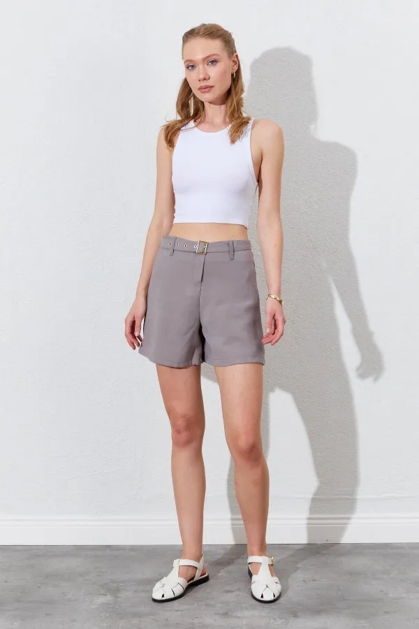 Kadın Vizon Beli Kendinden Kemerli Gabardin Şort