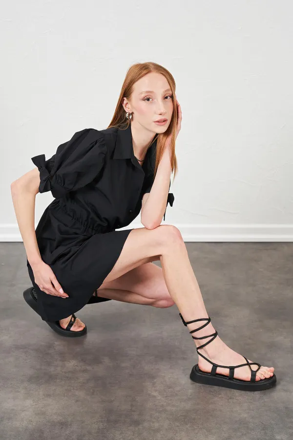 Kadın Siyah Kolları Bağlamalı Poplin Elbise