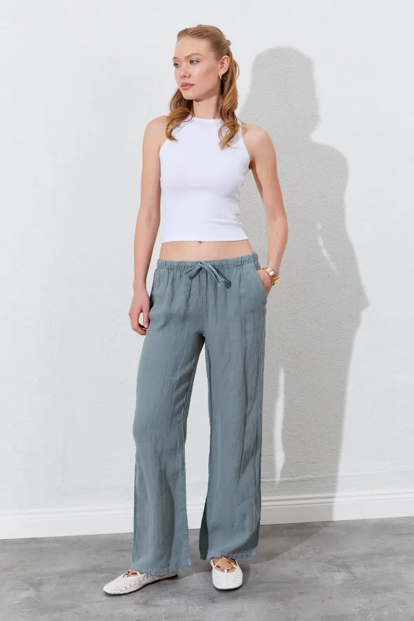 Women's Khaki Linen Wide-Leg Trousers with Drawstring Waist and Side Pockets