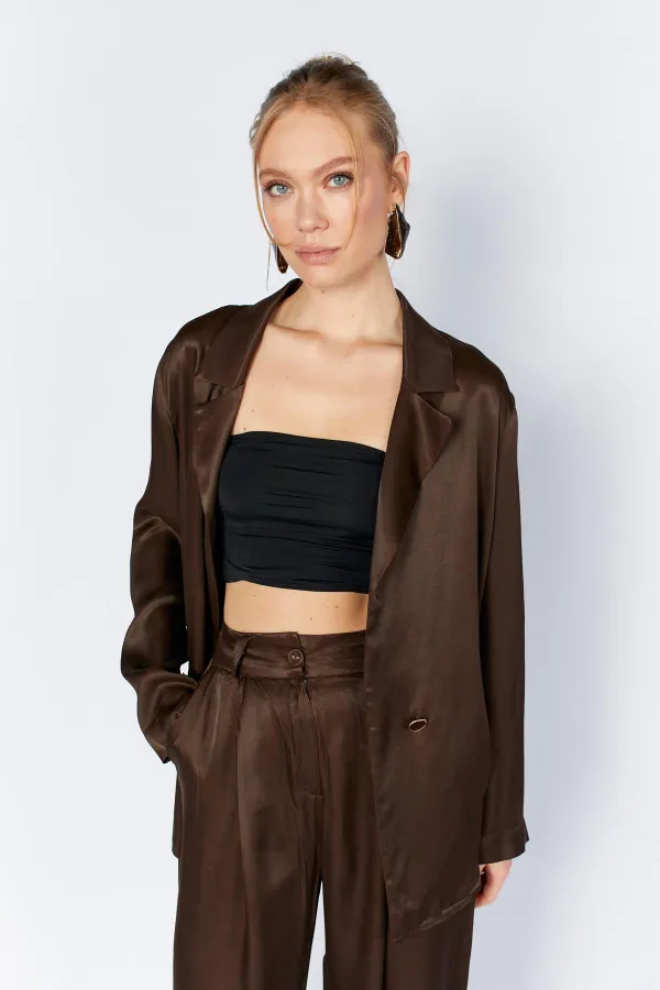 Women's Coffee Gold Single Button Flush Satin Jacket