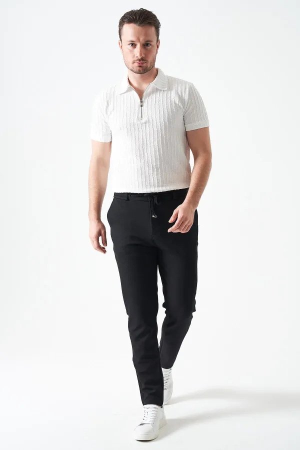 Erkek Siyah Beli Yarım Lastikli Mendi Örme Jakar Pantolon