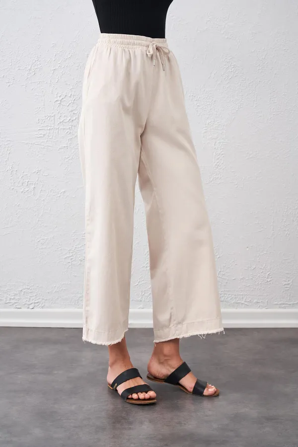 Kadın Taş Beli Bağlamalı Geniş Piş Dikişli Paça Pantolon