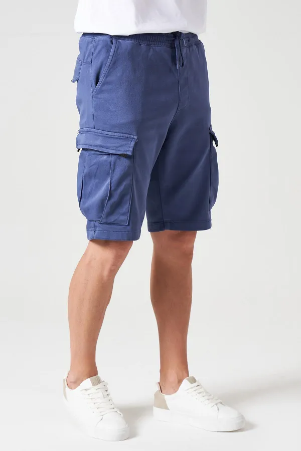 Short cargo pour homme, taille côtelée indigo, en maille teintée en pièce